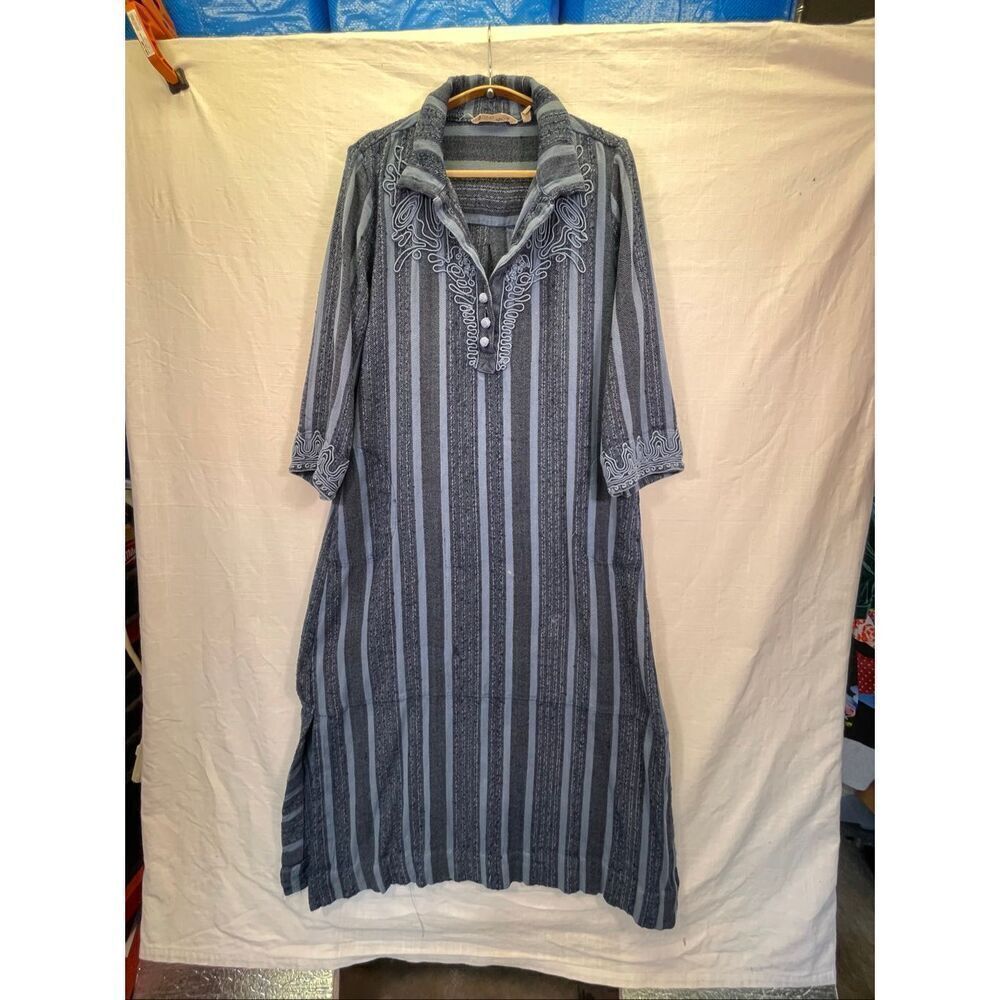 Soft Surroundings Embroidered 3/4 Sleeve Pockets Kaftan Dress Blue Striped Large